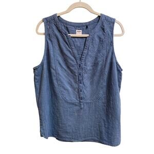 prAna Shirt Women Size Large Blue White Sleeveless Organic Cotton Stripe